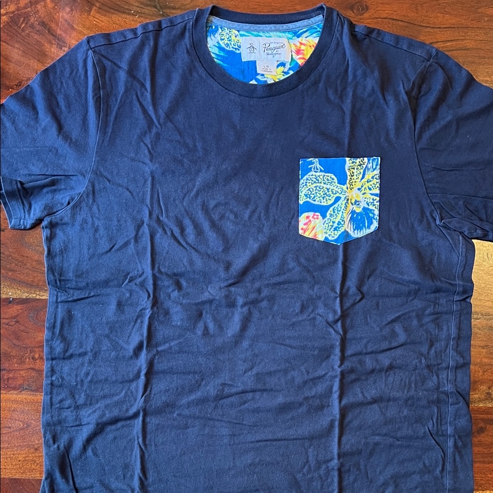 Original Penguin Navy Short Sleeve Crew with Floral Pocket